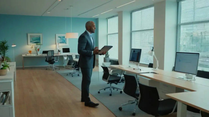 Oficina moderna con luz natural y hombre trabajando