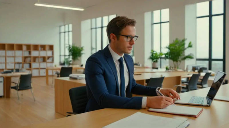 Oficina moderna, luminosa y organizada