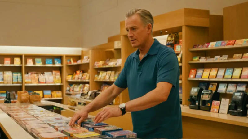 Hombre atiende cliente en tienda iluminada