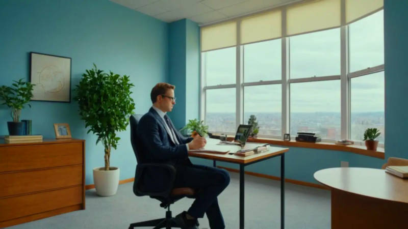 Oficina luminosa con persona reflexionando tranquila