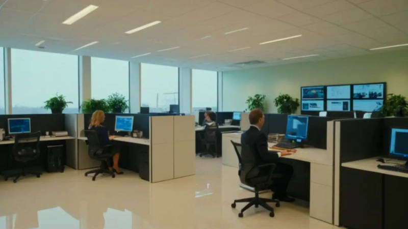 Oficina moderna con luz natural y tecnología