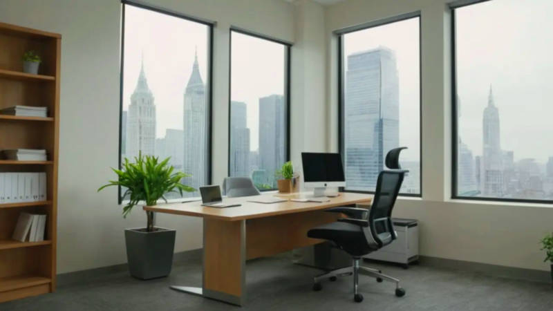 Oficina moderna iluminada con vista urbana
