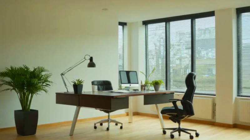 Oficina minimalista y luminosa, ambiente profesional