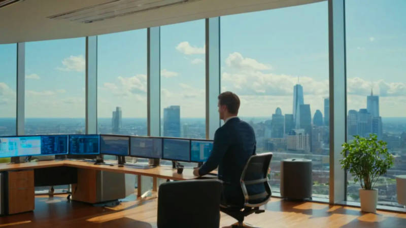 Oficina moderna con tecnología avanzada y vistas