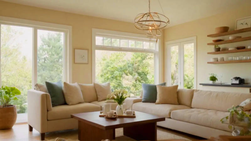 Sala luminosa con decoración minimalista acogedora