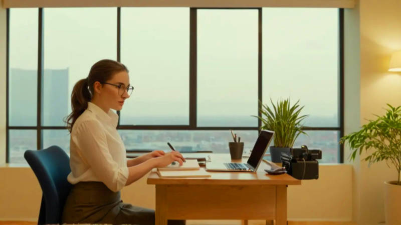Mujer trabajando en oficina iluminada y ordenada