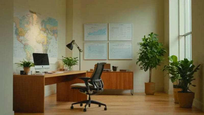 Oficina moderna iluminada, persona trabajando concentrada