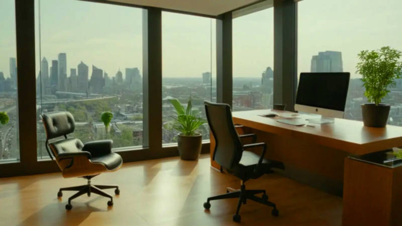 Moderno despacho iluminado con vista urbana