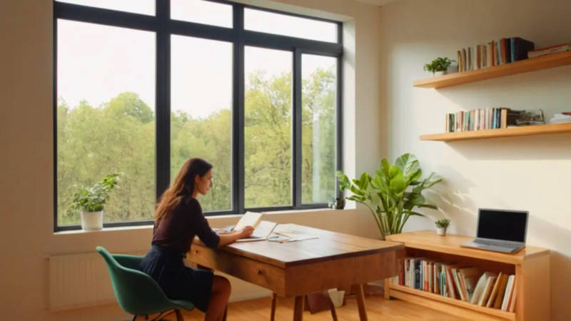 Sala iluminada, ordenada y productiva