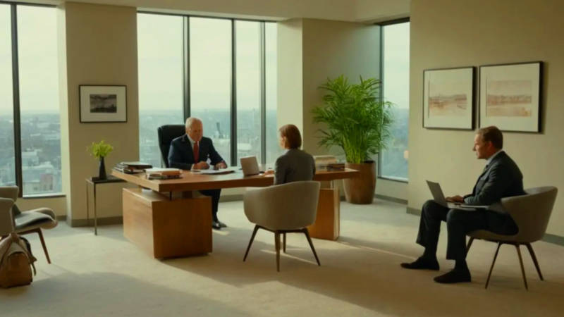Oficina profesional iluminada con diálogo concentrado