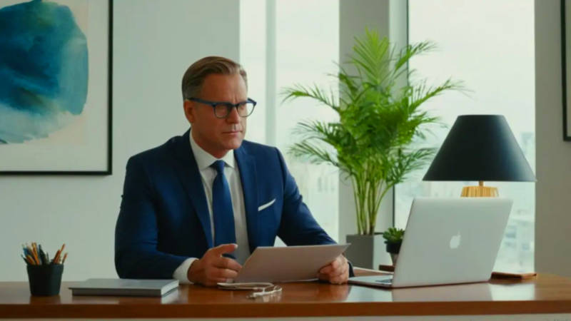 Hombre trabaja concentrado en moderna oficina iluminada