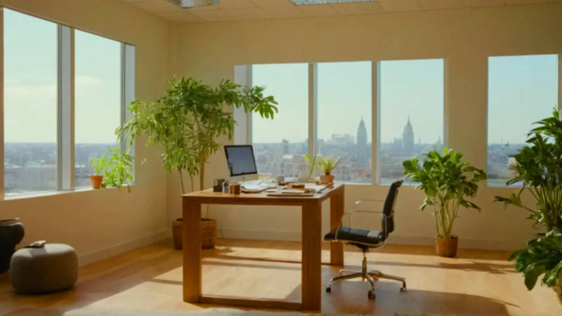 Oficina luminosa con plantas y documentos organizados