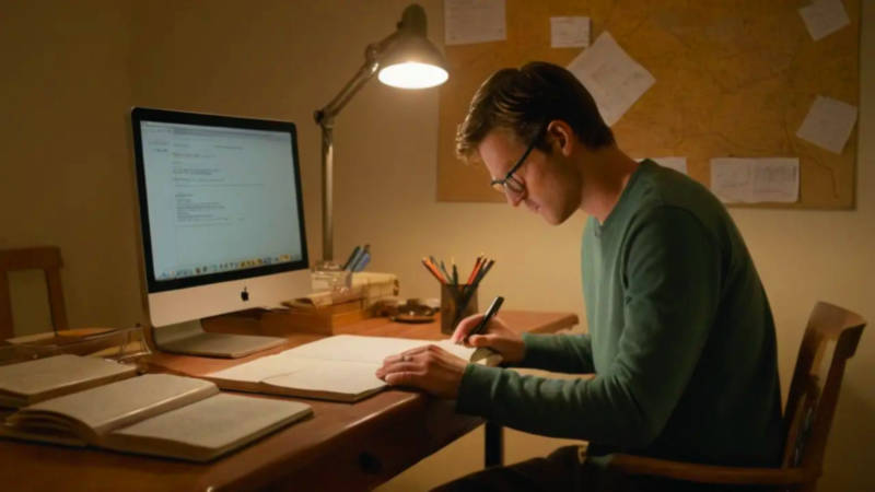Joven programador concentrado en oficina desordenada